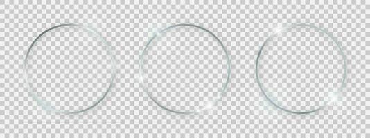 Round shiny frames with glowing effects. Set of three silver round frames with shadows on background. Vector illustration