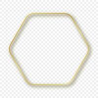 Gold glowing rounded hexagon frame with shadow isolated on background. Shiny frame with glowing effects. Vector illustration.