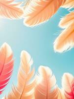 Beautiful color feathers on blue sky background, soft focus and copy space Generative AI photo