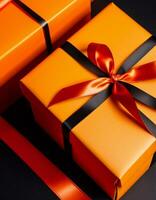 Gift boxes in orange with ribbons and pumpkins on black background.. Generative AI photo