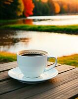 Coffee cup brown wooden table river outdoor background. Generative AI photo