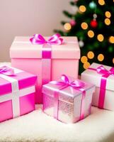 Pink gift boxes with pink ribbons on the background of the Christmas tree Generative AI photo