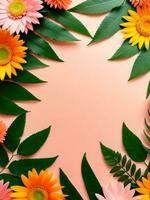 Flowers and leaves on orange background. Flat lay, top view Generative AI photo