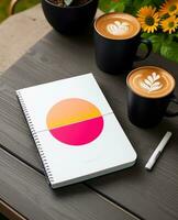 Coffee cup and notebook on wooden table. Coffee break concept. Generative Ai photo