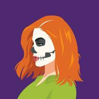 beautiful girl with skull face makeup for halloween theme in profile, avatar, side view. modern flat vector illustration.