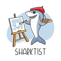shark artist cartoon character is painting on canvas with brush and palette. shark painting. shark artist in beret hat. perfect for t-shirt, merchandise, sticker. graphic vector illustration.