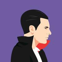 Vampire face in profile. side view, avatar, portrait, vampire teeth, black costume, horror. modern flat vector illustration.