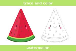 Educational worksheet Trace and color cute kawaii watermelon. vector