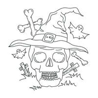 Víspera de Todos los Santos cráneo con bruja sombrero contorno ilustración para colorante libro diseño vector