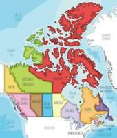 Vector illustrated map of Canada with provinces and territories and administrative divisions, and neighbouring countries and territories. Editable and clearly labeled layers.