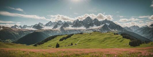 idílico montaña paisaje en el Alpes con floreciente prados en primavera. ai generado foto