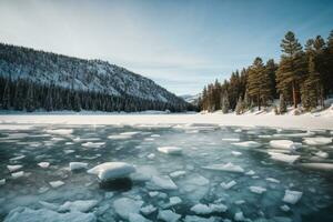 azul hielo y grietas en el superficie de el hielo. congelado lago debajo un azul cielo en el invierno. el colinas de pinos invierno. cárpatos, Ucrania, Europa.. ai generado foto