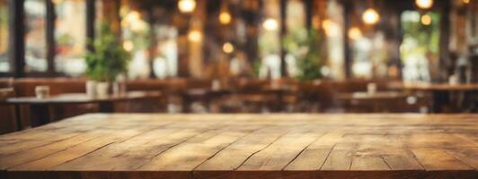 Empty old wood table top and blurred bokeh cafe and coffee shop interior background with vintage filter - can used for display or montage your products.. AI generated photo