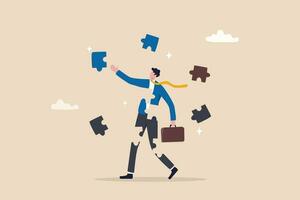 Finding jigsaw piece to complete work, career or success business, search for new idea to solve self problem, challenge or inspiration concept, businessman finding jigsaw to complete himself. vector