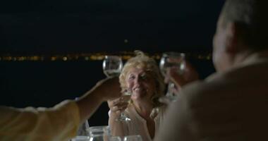 People clinking glasses of wine while sitting at table video