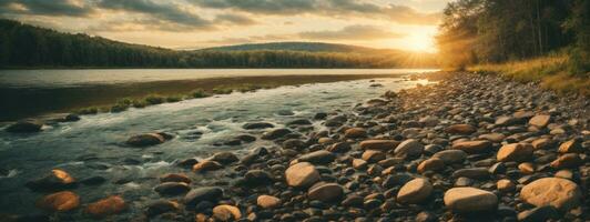 bosque río con piedras en costas a puesta de sol. ai generado foto