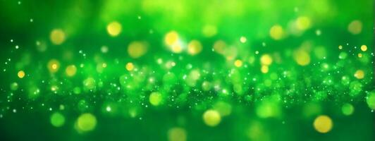 Spring background, abstract banner, green blurred bokeh lights. AI generated photo