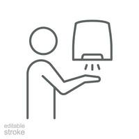 Hand dryer instruction, man, people, outline style. Automated touchless drying hands. Hand washing procedure. editable stroke. pictogram logo. vector illustration design on white background. EPS 10