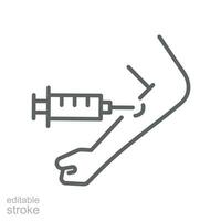 Vaccine and Vaccination in the hand line icon. Covid-19, Neurotoxin injection. Vaccination Treatment against coronavirus pandemic Editable stroke. Vector illustration design on white background EPS 10