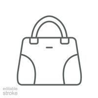 bolso icono, sencillo lleno mujer bolso accesorio. manejar, hembra Moda bolsa. mujer cartera, junquillo señoras balde. contorno estilo editable ataque, vector ilustración diseño en blanco antecedentes. eps 10