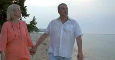 adulte couple en marchant sur plage et parlant video