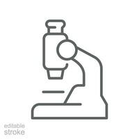 Lens microscope, sample line icon. Laboratory research Magnification Instrument. biology analyzing microbiology experiment symbol. Editable stroke vector illustration design on white background EPS 10