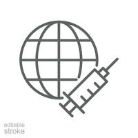 Vaccine protection save World vaccination line icon. Syringe, healing earth and removing Coronavirus, Covid-19, earth Pandemic. Editable stroke vector illustration design on white background EPS 10