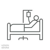 paciente cama icono. médico tratamiento. persona en hospital cama. hombre teniendo infusión. acostado en camilla cama, recuperación contorno estilo editable ataque. vector ilustración diseño en blanco antecedentes eps 10