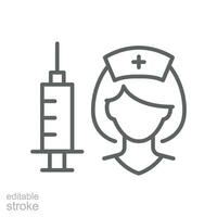 Vaccine and Vaccination Nurse, vaccine line icon for coronavirus, influenza, measles, diphtheria, rabies. injection, shot, medical  Editable stroke vector illustration design on white background EPS10
