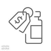 vacuna costo, dólar, etiqueta, botella línea icono. precio ,vacunación programa, inmunización médico salud. vacuna botella dólar firmar editable carrera vector ilustración diseño en blanco antecedentes eps 10