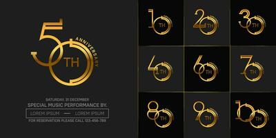 set of anniversary golden color with black background for special celebration event vector