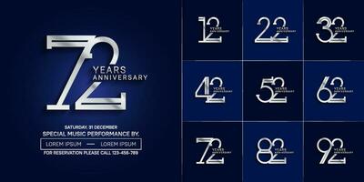 set of anniversary glossy silver color with blue background for special celebration event vector