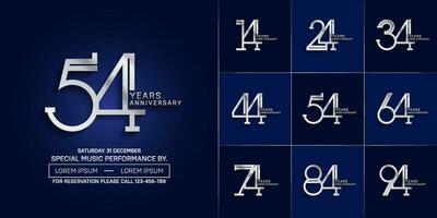 set of anniversary glossy silver color with blue background for special celebration event vector