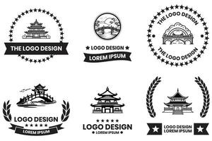 Chinese building or Japanese building logo in flat line art style vector