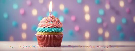 Birthday Cupcake With One Candle. AI generated photo