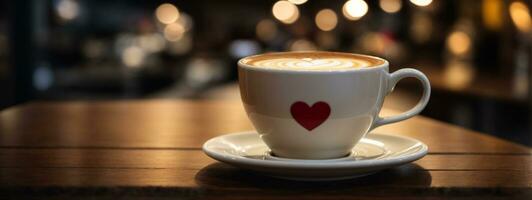 Close up white coffee cup with heart shape latte art on wood tab. AI generated photo