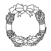 Hand drawn Christmas wreath in doodle style isolated on white background. Outline Christmas wreath. Vector illustration.