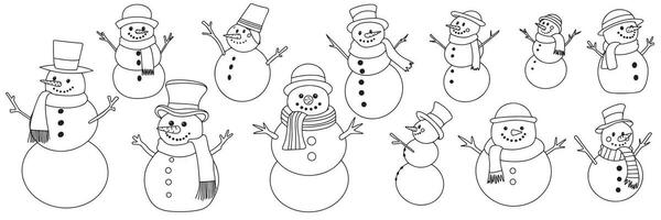 Set of hand dranw snowmen isolated on white background. Big collection of outline snowman. Vector illustration.