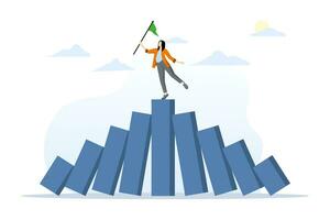 winner takes all concept, survival in business competition or strength to overcome difficulties, economic crisis, business winner, successful businessman standing strong domino collapse bar graph. vector