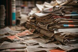 Pile of old newspapers, selective focus. AI generated photo