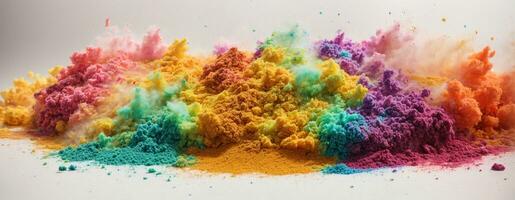 colorful rainbow holi paint color powder explosion isolated white wide panorama background. AI generated photo