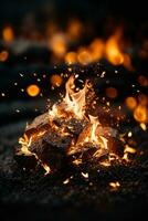 Detail of fire sparks isolated on black background. AI generated photo