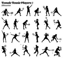 Collection of vector illustrations of tennis tournament silhouettes of female tennis sport players