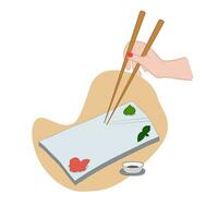 Empty stone sushi tray with chopsticks, soy sauce, wasabi ginger. Ceramic plate Vector illustration.