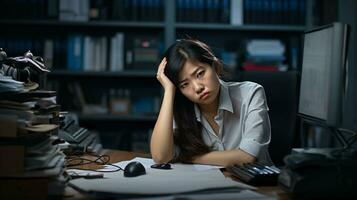 realista representación asiático mujer empleado en oficina, reflejando lugar de trabajo estrés y emocional luchas foto