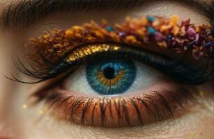 Female eye with long eyelashes close-up. AI generated photo