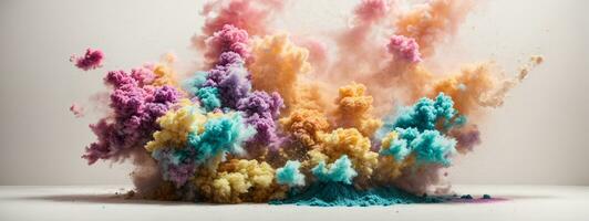 Abstract powder splatted background. Colorful powder explosion on white background. Colored cloud. Colorful dust explode. Paint Holi. AI generated photo