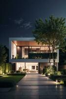Modern house with garden at night. AI generated photo