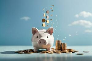 Coins falling to white piggy saving , Financial and money deposit concept.. AI generated photo