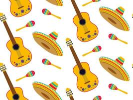 Mexican musical instruments and sombrero. Seamless pattern vector illustration